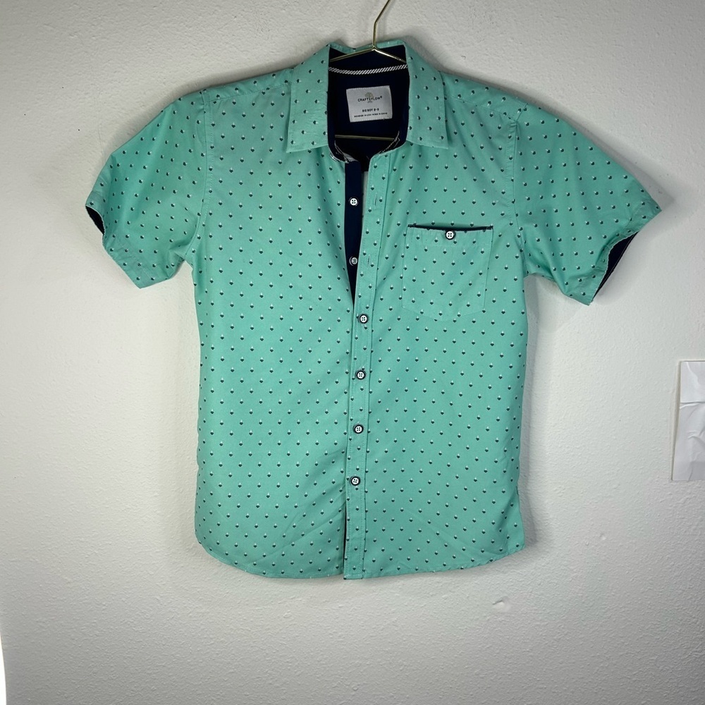 Craft + Flow Boys Size Small 8 Mint Green Short Sleeve Button Down Shirt Print